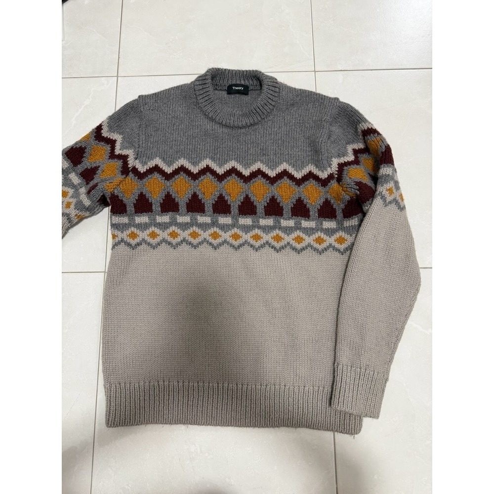 Theory Fair Isle Chunky Knit Pullover Sweater Grey Tan AS IS